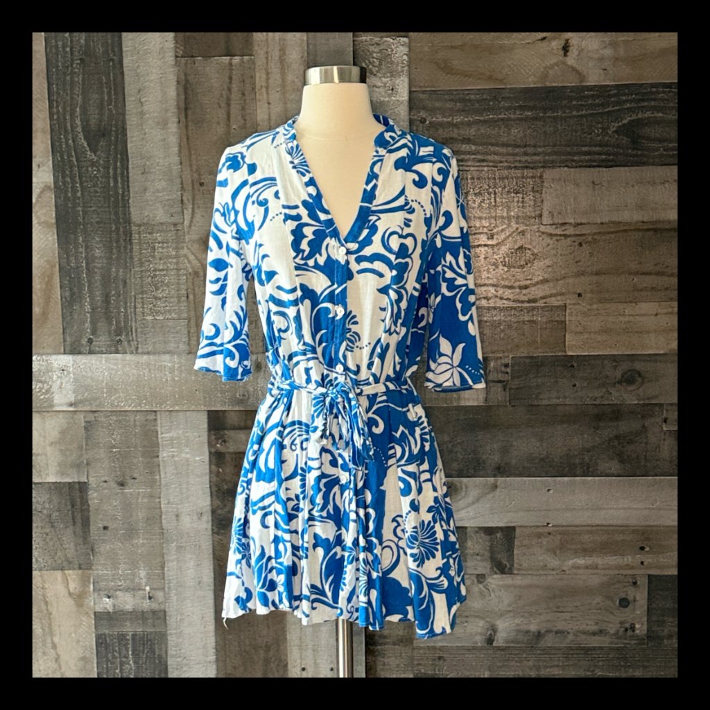 Zara Blue White Floral Button Up Dress Small Hawaiian Linen Resortwear Vacation
